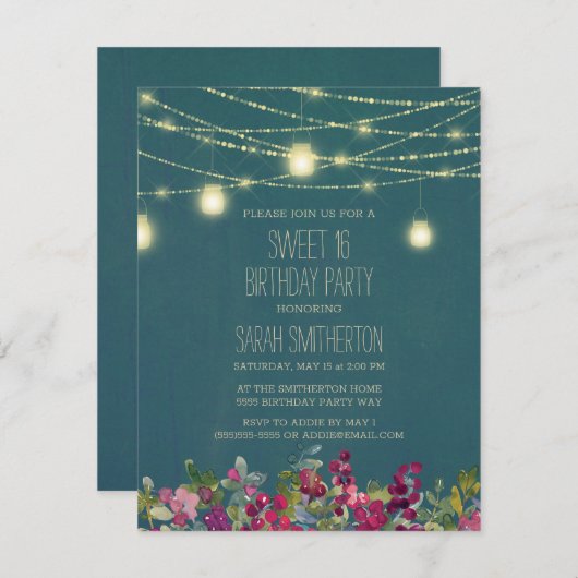 Blauwgroen Plum Paars Floral String Lights Sweet 1 Kaart (Voorkant / Achterkant)