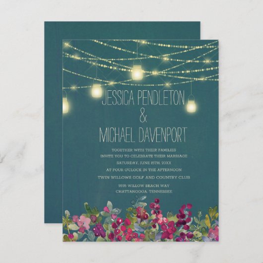 Blauwgroen Plum Paars Floral String Lights Wedding Kaart (Voorkant / Achterkant)