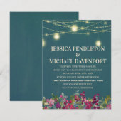 Blauwgroen Plum Paars Floral String Lights Wedding Kaart (Voorkant / Achterkant)