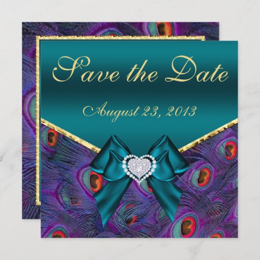 Blauwgroen Plum Peacock sparen de Datum Save The Date (Voorkant / Achterkant)
