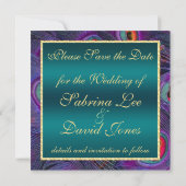Blauwgroen Plum Peacock sparen de Datum Save The Date (Achterkant)