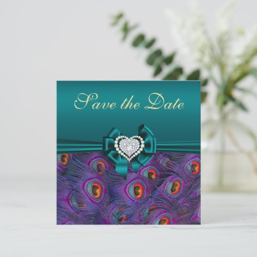 Blauwgroen Plum Peacock sparen de Datum Save The Date (Staand voorkant)