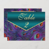 Blauwgroen Plum Peacock Table Number Kaart (Voorkant / Achterkant)