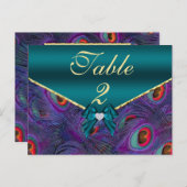 Blauwgroen Plum Peacock Table Number Kaart (Voorkant / Achterkant)