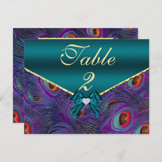 Blauwgroen Plum Peacock Table Number Kaart (Voorkant / Achterkant)