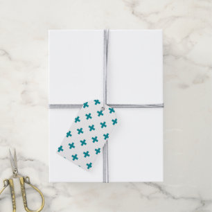 Blauwgroen polka kruist wit cadeaulabel