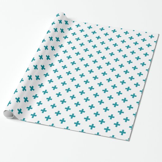 Blauwgroen polka kruist wit cadeaupapier (Uitgerold)