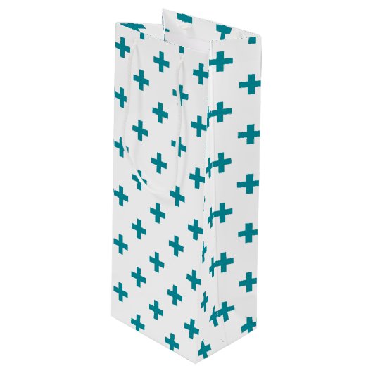 Blauwgroen polka kruist wit wijn cadeautas (Voorkant Gekanteld)