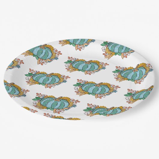 Blauwgroen pompoen Herfst bloemenpatroon Papieren Bordje (Gekanteld)