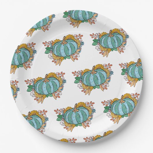 Blauwgroen pompoen Herfst bloemenpatroon Papieren Bordje (Voorkant)