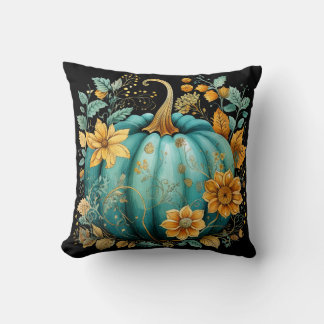Blauwgroen pompoen herfst Boho Herfst zwart Kussen