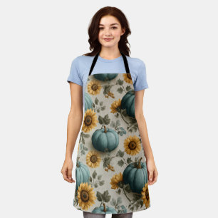 Blauwgroen pompoenen en gouden zonnebloemen schort