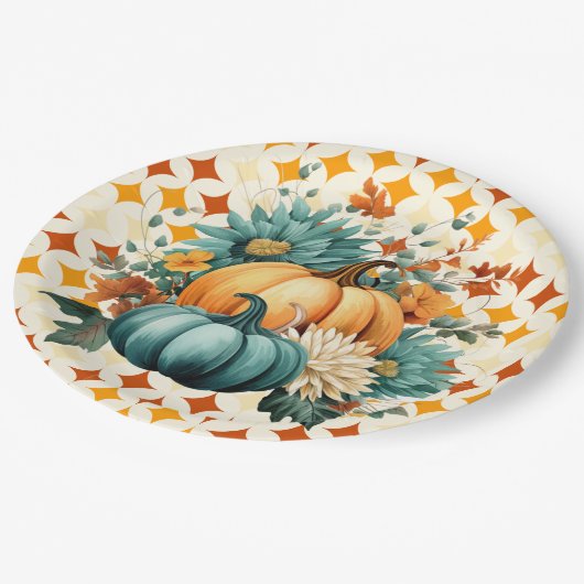 Blauwgroen pompoenen papieren bordje (Gekanteld)