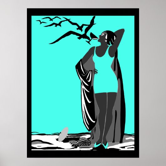 Blauwgroen Poster ART DECO LADY Black White (Voorkant)