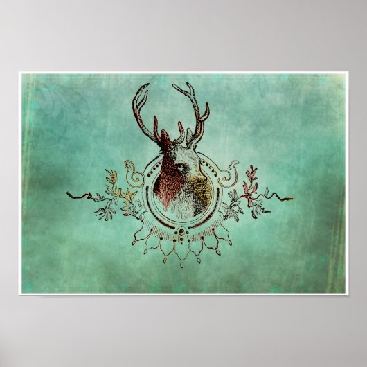 Blauwgroen Poster Stag Head (Voorkant)