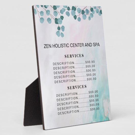 Blauwgroen prijsmenu Eucalyptus Spa Salon Services Fotoplaat (Zijkant)