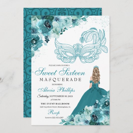 Blauwgroen prinses Masquerade Sweet 16 Kaart (Voorkant / Achterkant)
