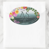 Blauwgroen productlabels: kleurrijke bloemen Initi Ovale Sticker (Tas)