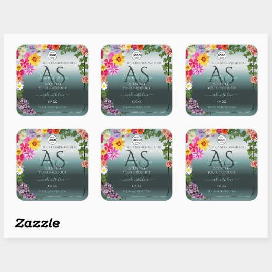 Blauwgroen productlabels: kleurrijke bloemen Initi Vierkante Sticker (Vel)