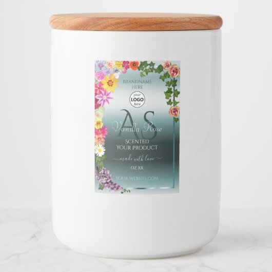 Blauwgroen productlabels: kleurrijke bloemen Initi Voedselcontainer Etiket (Voorkant)