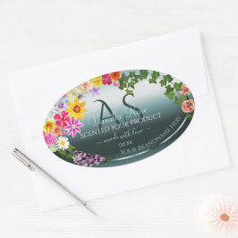 Blauwgroen productlabels: kleurrijke bloemen met I Ovale Sticker