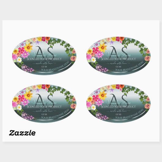 Blauwgroen productlabels: kleurrijke bloemen met I Ovale Sticker (Vel)