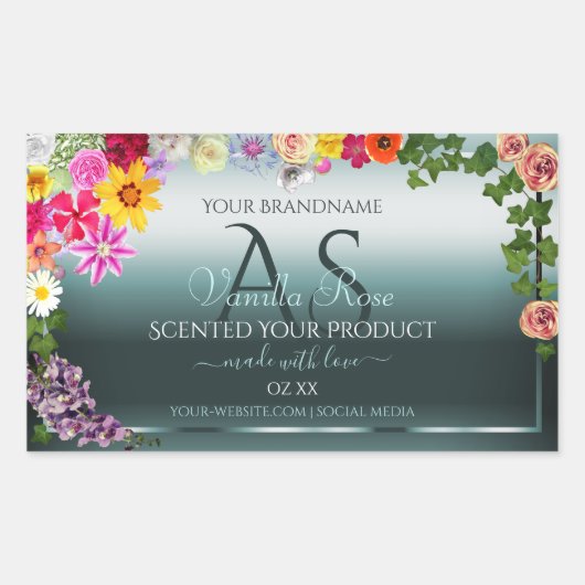 Blauwgroen productlabels: kleurrijke bloemen met I Rechthoekige Sticker (Voorkant)