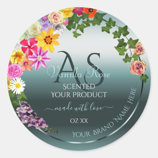 Blauwgroen productlabels: kleurrijke bloemen met I Ronde Sticker (Voorkant)