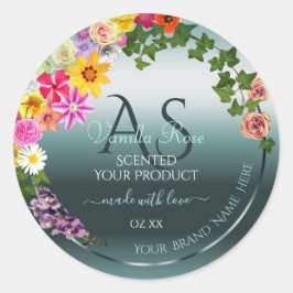 Blauwgroen productlabels: kleurrijke bloemen met I Ronde Sticker
