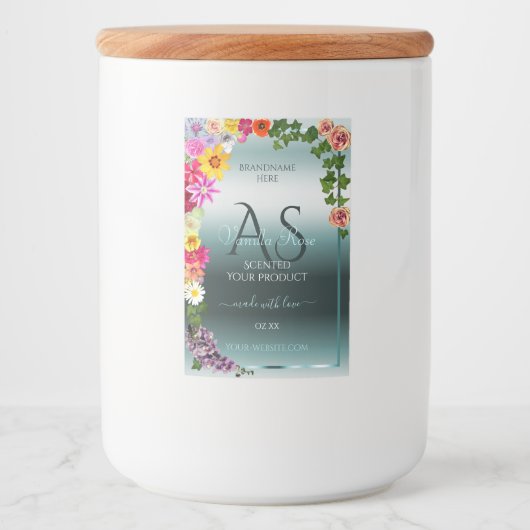 Blauwgroen productlabels: kleurrijke bloemen met I Voedselcontainer Etiket (Voorkant)