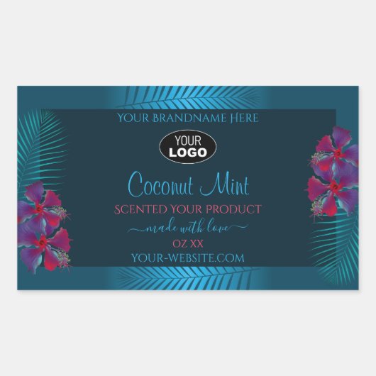 Blauwgroen productlabels Paars Red Hawaii Flowers  Rechthoekige Sticker (Voorkant)