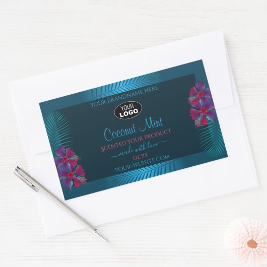 Blauwgroen productlabels Paars Red Hawaii Flowers  Rechthoekige Sticker (Envelop)