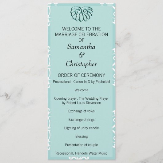 Blauwgroen programma Damask Wedding Programmakaart (Voorkant)