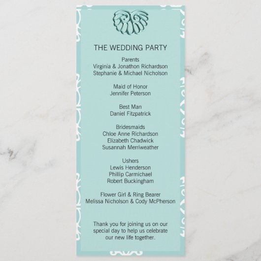 Blauwgroen programma Damask Wedding Programmakaart (Achterkant)