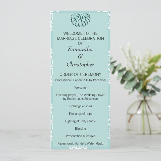 Blauwgroen programma Damask Wedding Programmakaart (Staand voorkant)