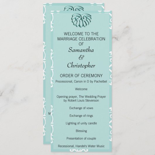 Blauwgroen programma Damask Wedding Programmakaart (Voorkant / Achterkant)