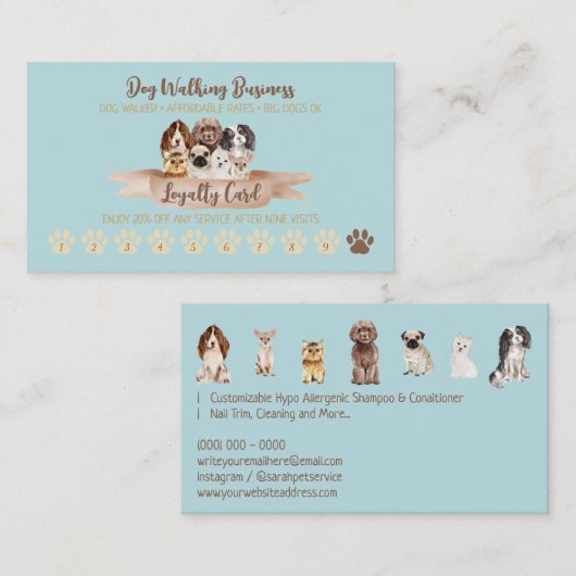 Blauwgroen Punch Dog Walker Loyalty Discount Paw Visitekaartje (Voorkant / Achterkant)