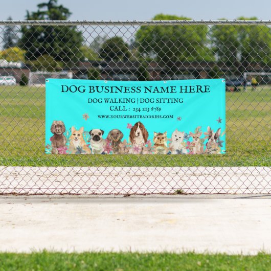 Blauwgroen Puppies op Floral Botanical Dog Groomer Spandoek (Insitu)