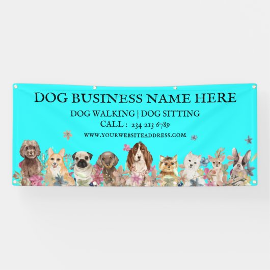 Blauwgroen Puppies op Floral Botanical Dog Groomer Spandoek (Horizontaal)