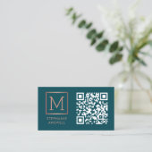 Blauwgroen QR Code Logo Monogram Roos Goud Visitekaartje (Staand voorkant)