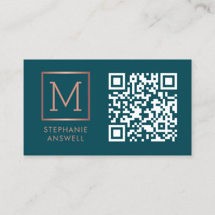 Blauwgroen QR Code Logo Monogram Roos Goud Visitekaartje