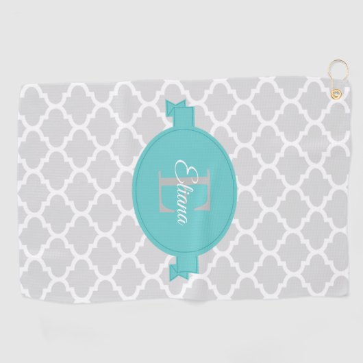 Blauwgroen Quatrefoil-gepersonaliseerde Golfhanddo Golfhanddoek (Horizontaal)