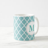 Blauwgroen Quatrefoil Marokkaanse Monogram Koffie  Koffiemok (Voorkant rechts)