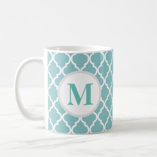 Blauwgroen Quatrefoil Marokkaanse Monogram Koffie  Koffiemok (Links)