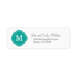 Blauwgroen Quatrefoil Monogram Retouradres Etiket