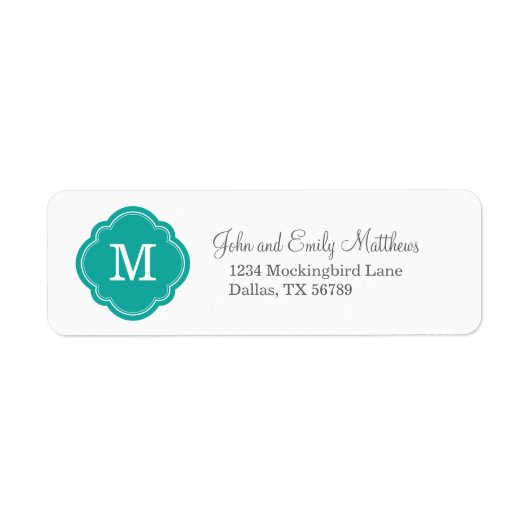 Blauwgroen Quatrefoil Monogram Retouradres Etiket (Voorkant)