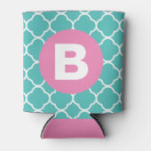 Blauwgroen Quatrefoil Patroon Custom Roze Monogram Blikjeskoeler (Voorkant)