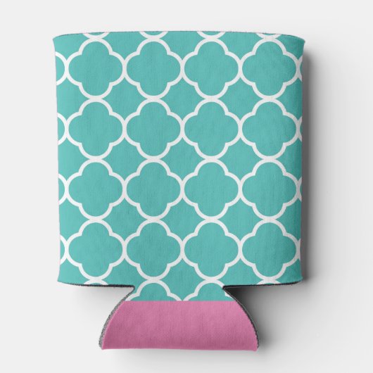 Blauwgroen Quatrefoil Patroon Custom Roze Monogram Blikjeskoeler (Achterkant)