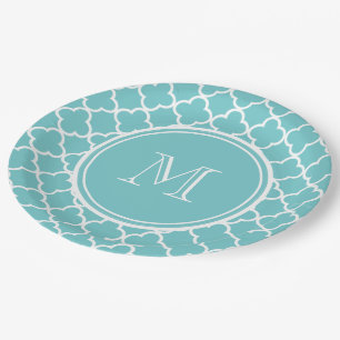 Blauwgroen Quatrefoil Patroon, Uw Monogram Papieren Bordje