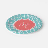 Blauwgroen Quatrefoliepatroon, koraalmonogram Papieren Bordje (Gekanteld)